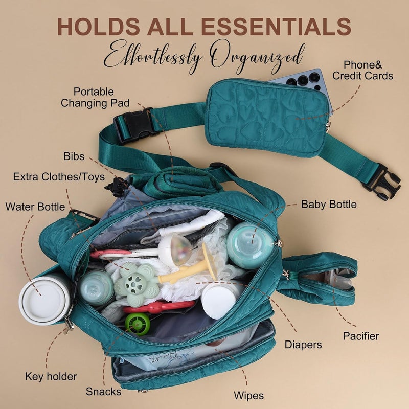 Rexmore Store Puffer Quilted Fanny Pack Diaper Bag for Mom - Women‘s Compact Crossbody Purse with Portable Changing Pad & Wipes Pouch, Travel & Quick Errand Baby Essentials Organizer (Dark Green) - Image 5